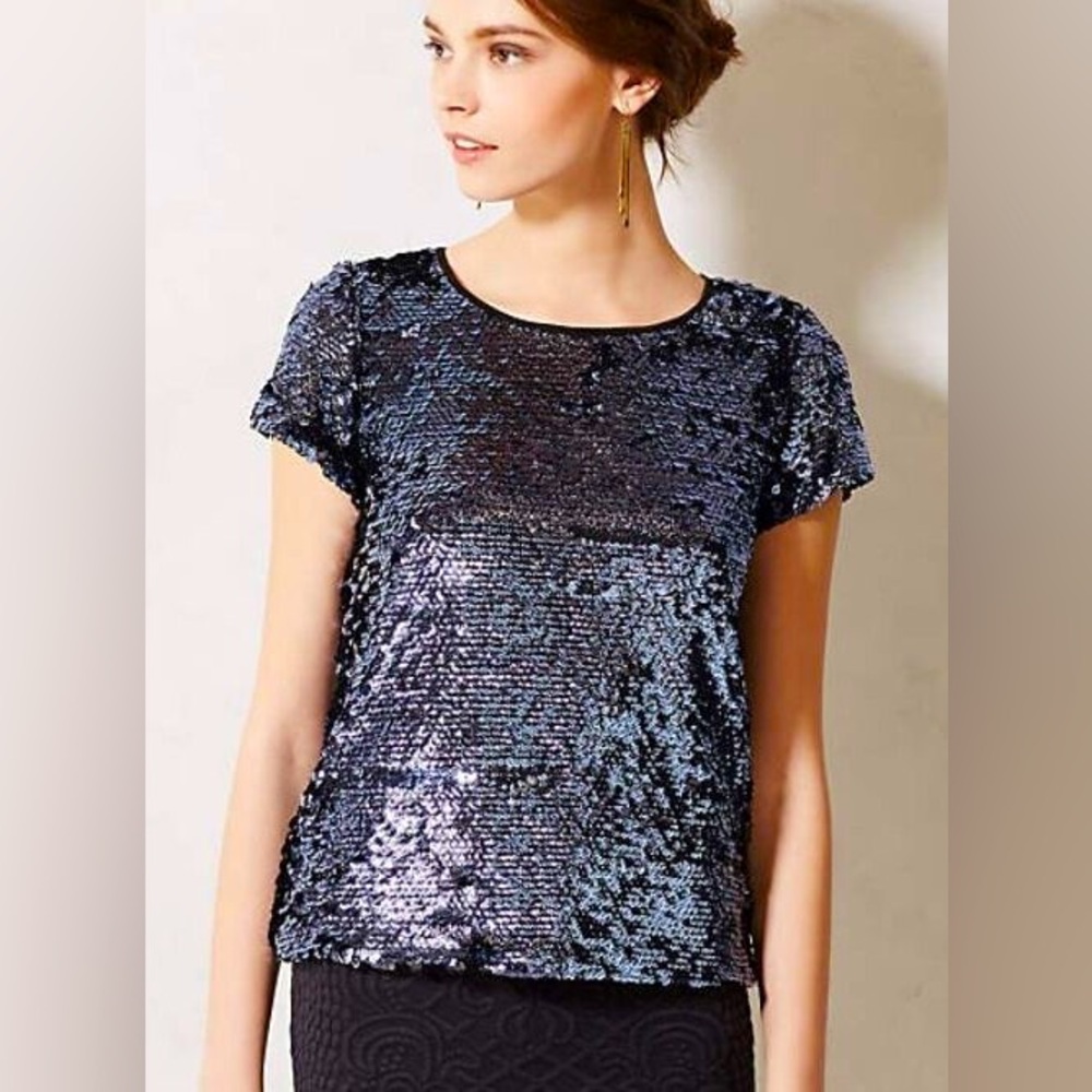 NWT Anthropologie Leifsdottir Navy Blue Sequin Blouse Size small $148